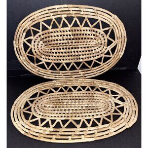 2 Oval Straw Trivets Hot Pads Woven Rattan Raffia Boho Retro 17 x 11.5